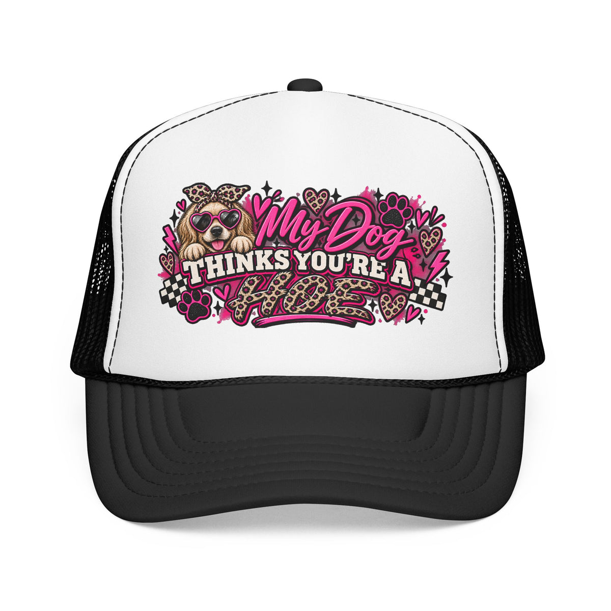 Dog Mom Trucker Hat – "My Dog Thinks You’re A" Pink Leopard Foam Cap