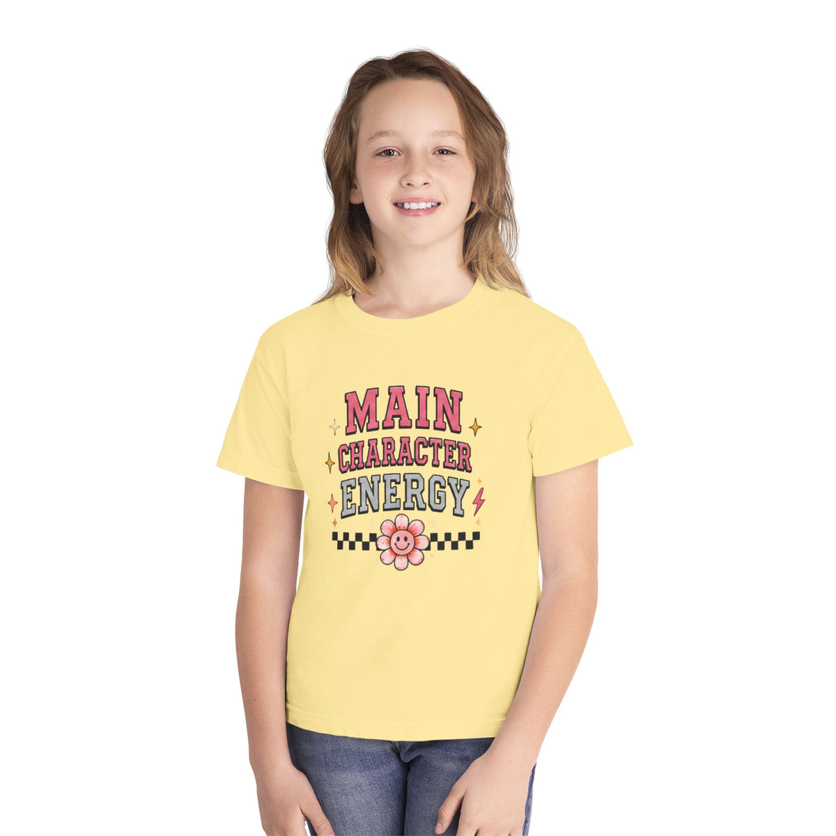 Main Character Energy Youth Tee — Cute Retro Floral Graphic Shirt