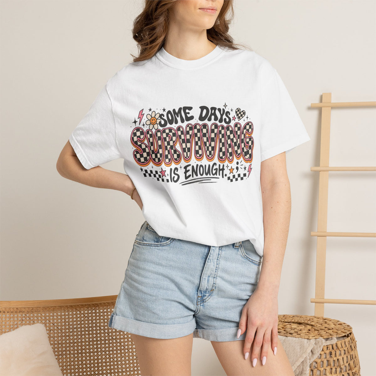 Surviving Is Enough Graphic T-Shirt — Retro Checkerboard Positive Tee
