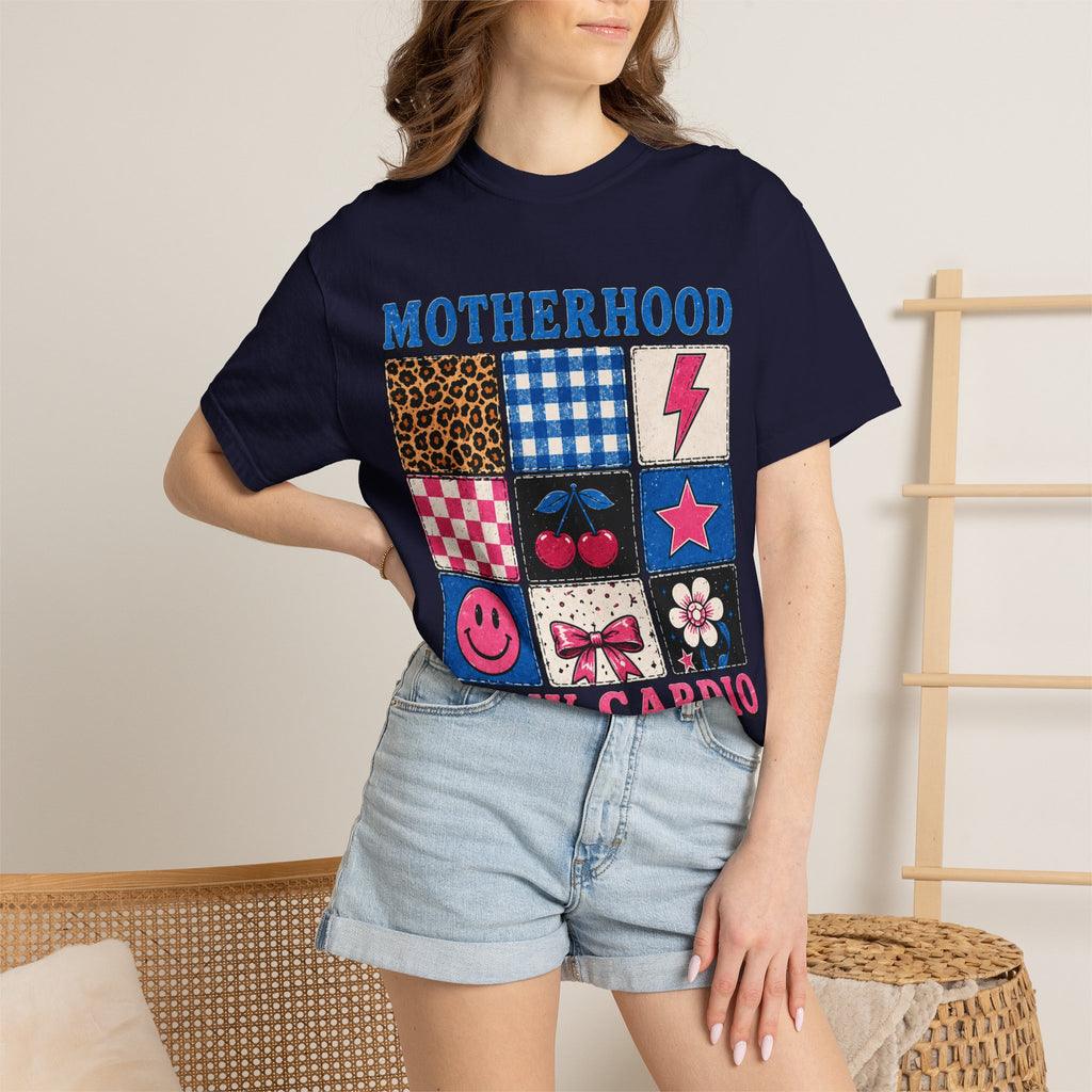 Motherhood Is My Cardio T-Shirt — Cute Patchwork Mom Graphic Tee