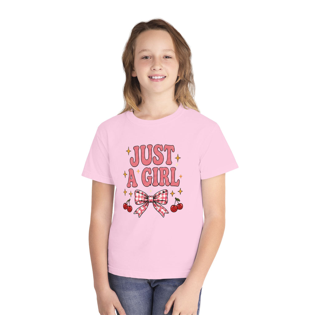Youth Tee - "Just a Girl" Pink Bow & Cherries Graphic