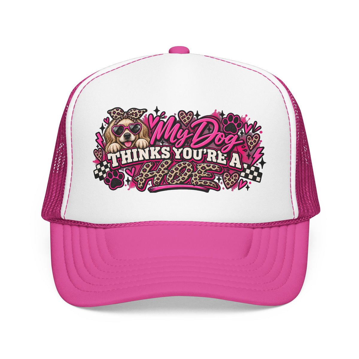 Dog Mom Trucker Hat – "My Dog Thinks You’re A" Pink Leopard Foam Cap