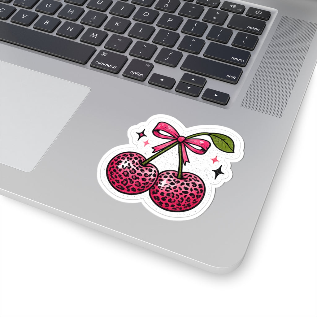 Pink Leopard Cherry Sticker — Cute Retro Kawaii Laptop Decal