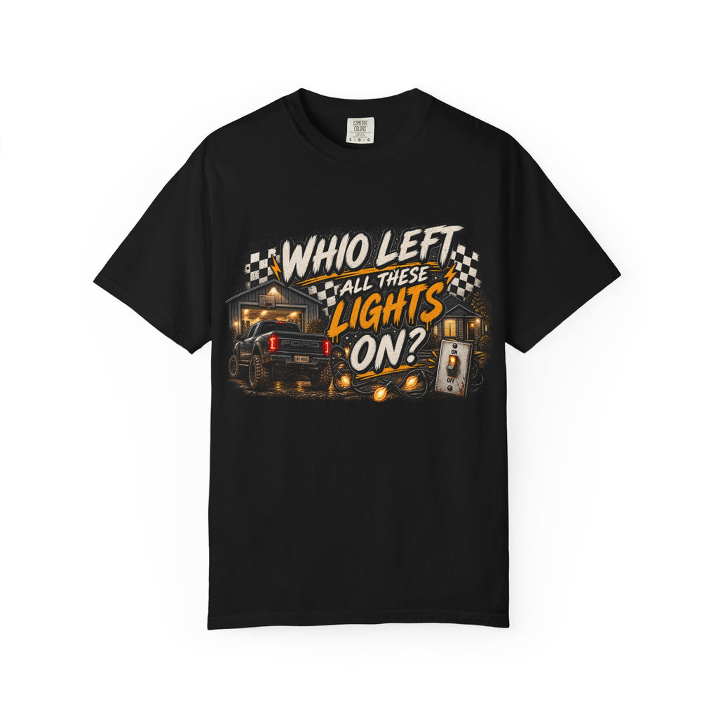 T-Shirt — 'Who Left All These Lights On?' RV Camper Graphic Tee