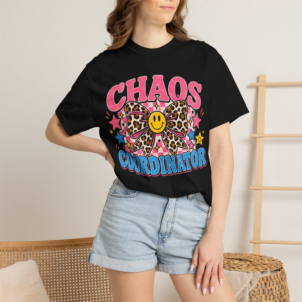 Chaos Coordinator T-Shirt — Cute Leopard Bow Smile Graphic Tee