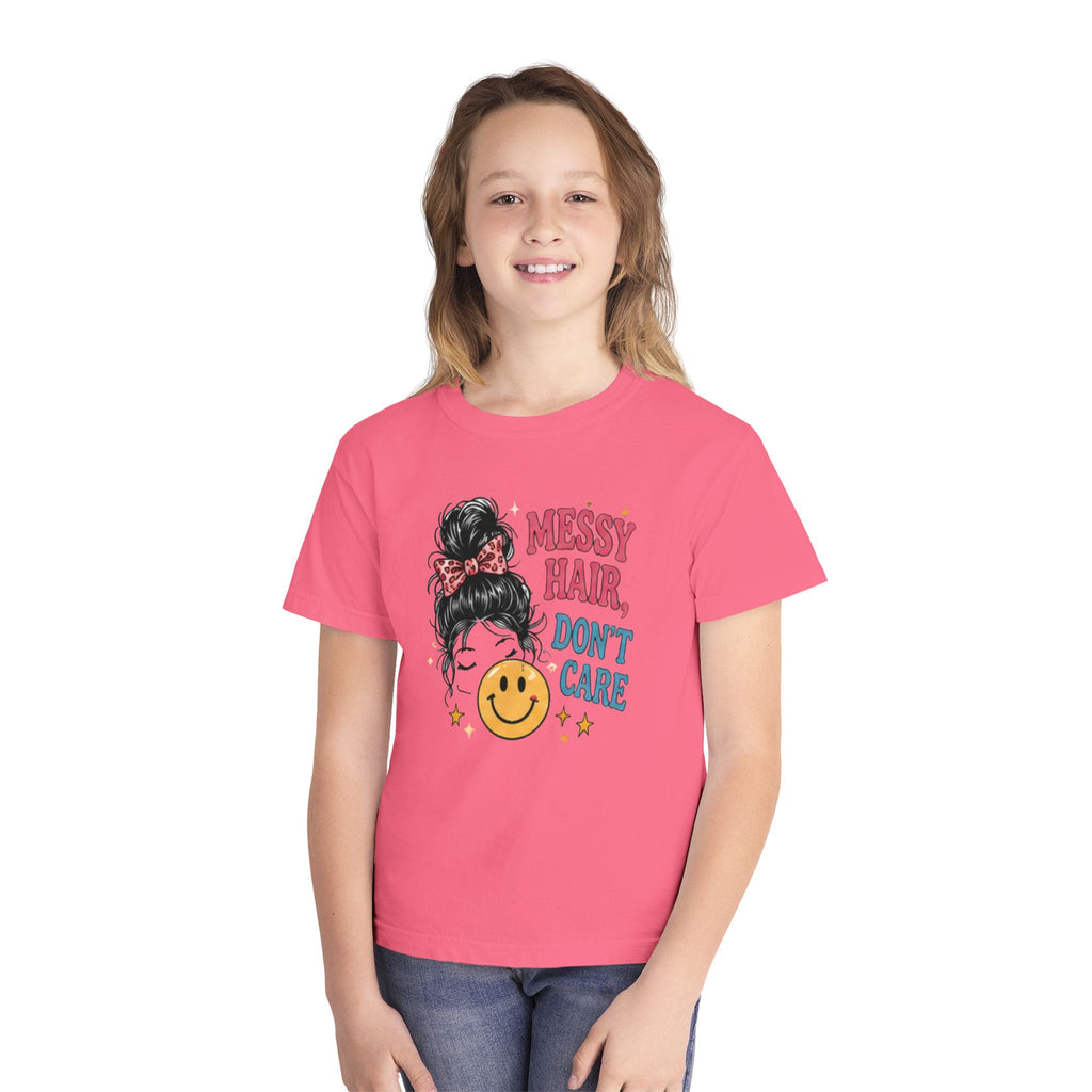 Youth Tee - "Messy Hair, Don’t Care" Smiley Graphic