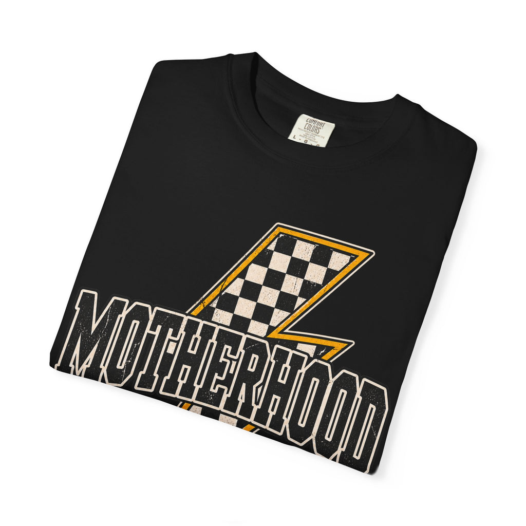 Motherhood Lightning Bolt T-Shirt — Retro Checkered Graphic Tee for Moms