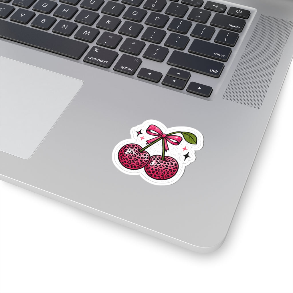Pink Leopard Cherry Sticker — Cute Retro Kawaii Laptop Decal