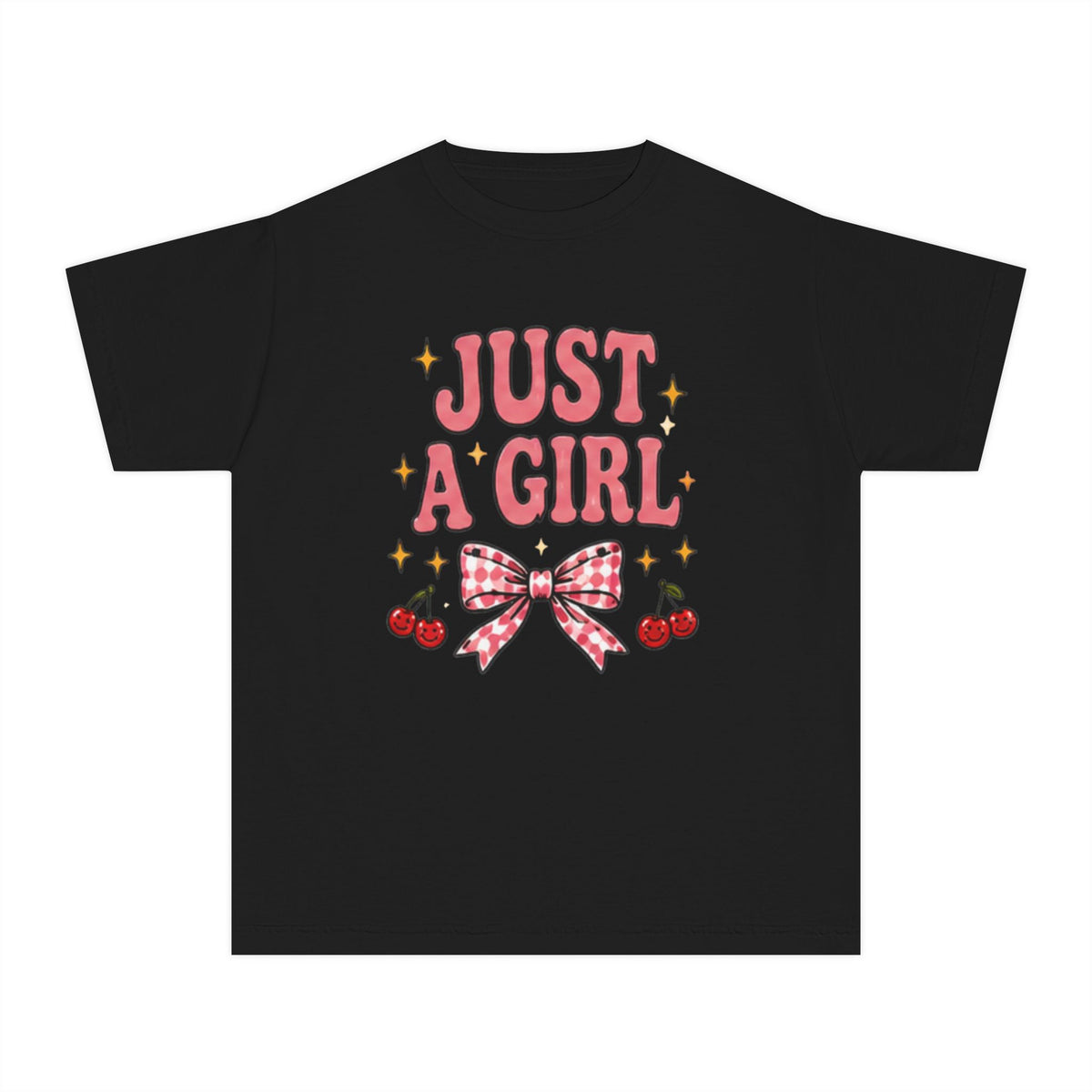 Youth Tee - "Just a Girl" Pink Bow & Cherries Graphic