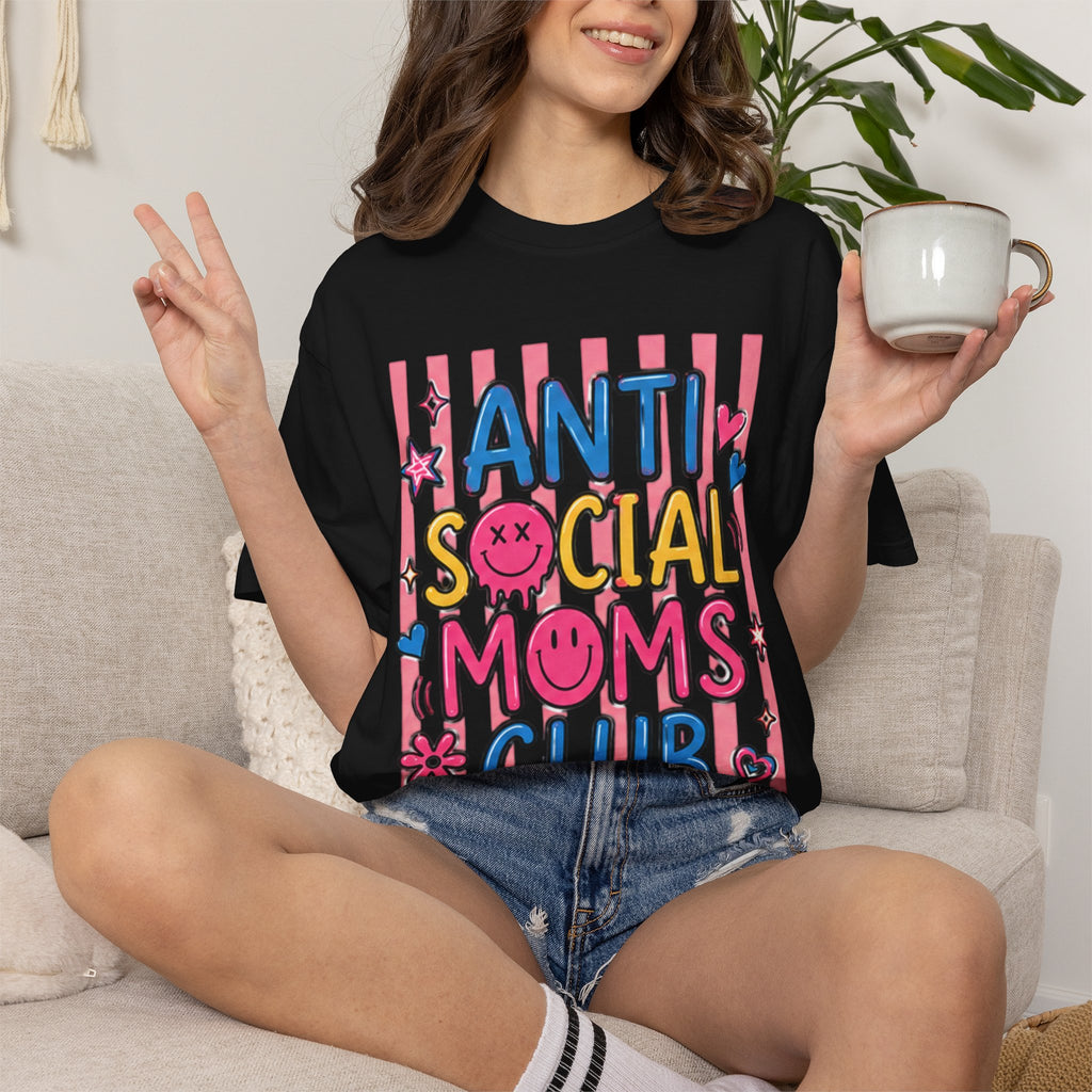 Anti Social Moms Club T-Shirt — Cute Pink Striped Graphic Tee for Introverted Moms
