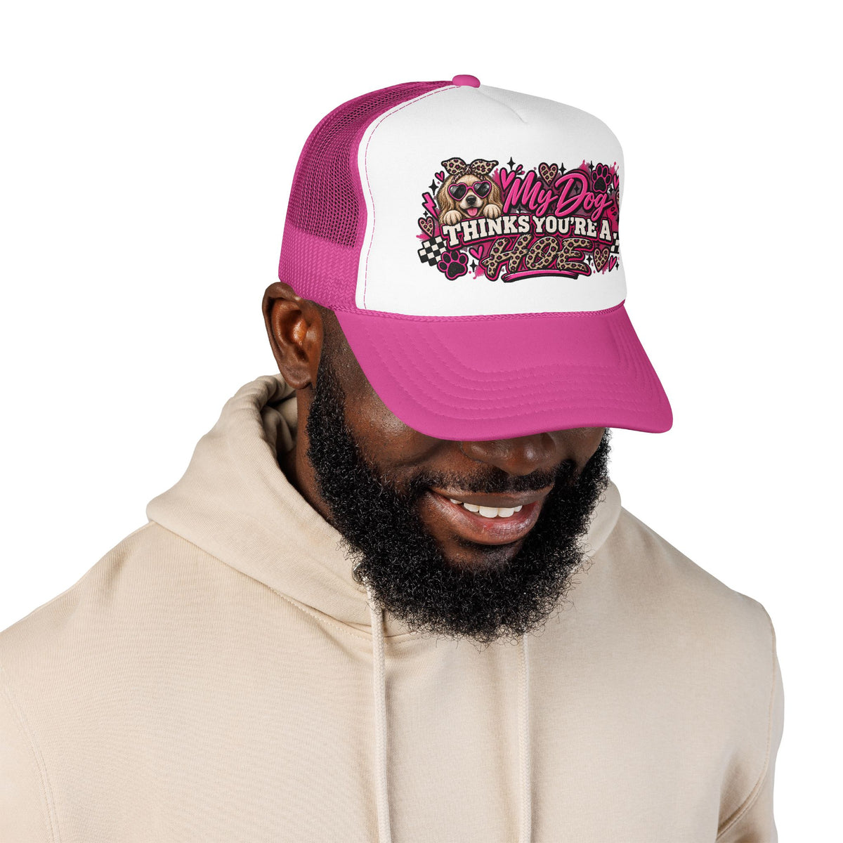 Dog Mom Trucker Hat – "My Dog Thinks You’re A" Pink Leopard Foam Cap