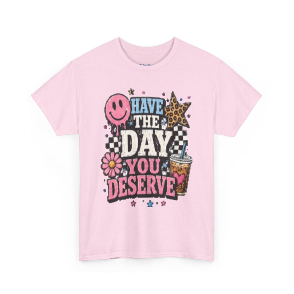 Have the Day You Deserve Graphic Tee — Retro Smile, Leopard Star & Floral Positive Message