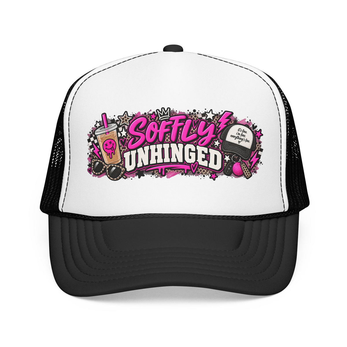 Softly Unhinged Trucker Hat – Edgy Pink Graphic Foam Cap
