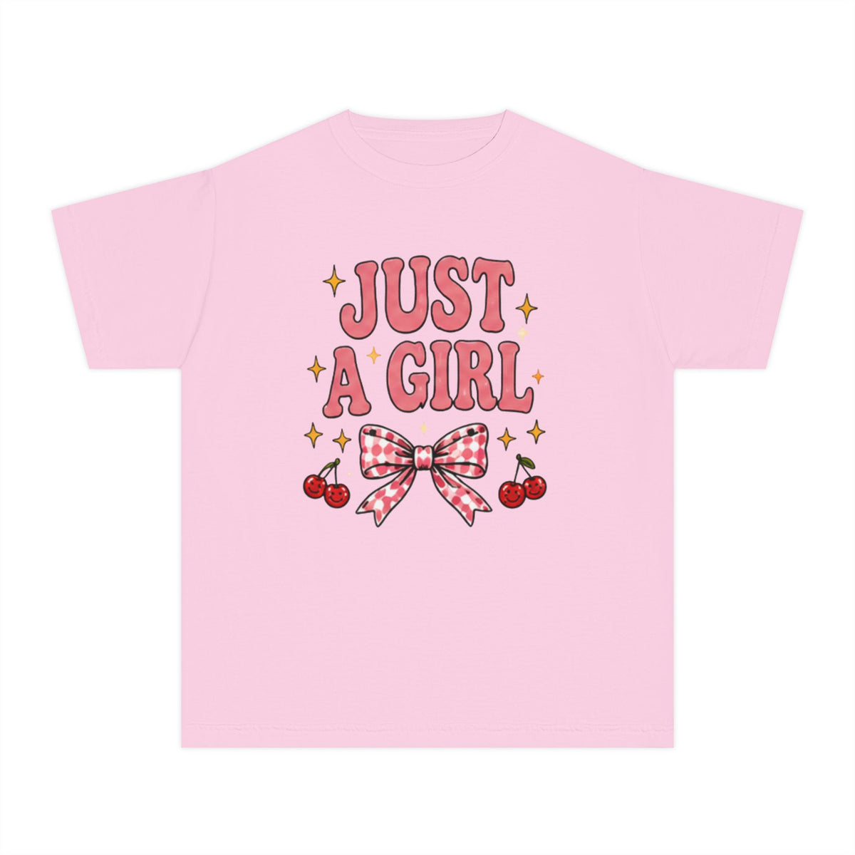 Youth Tee - "Just a Girl" Pink Bow & Cherries Graphic