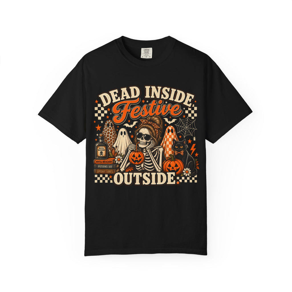 Dead Inside, Festive Outside Halloween T-Shirt — Funny Skeleton Pumpkin Tee
