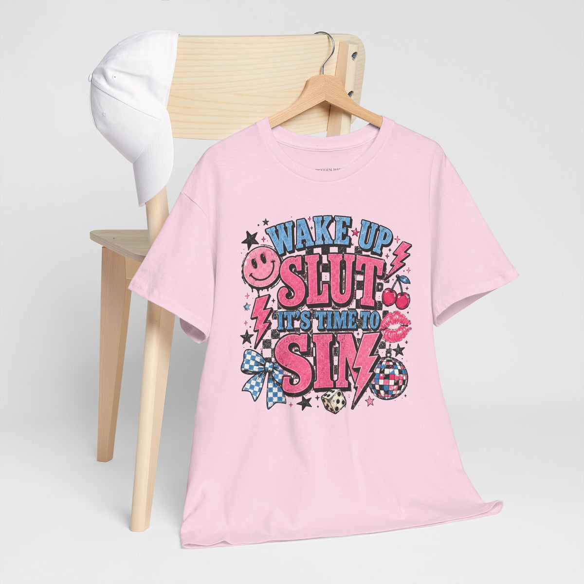 Graphic Tee — "Wake Up Slut, It's Time to Sin" Retro Pink Pop Design