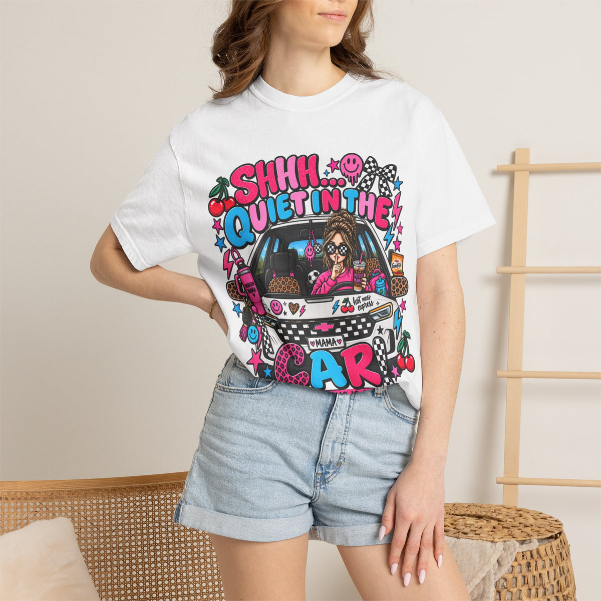 Shhh… Quiet in the Car Graphic Tee — Retro Kawaii Driver Shirt