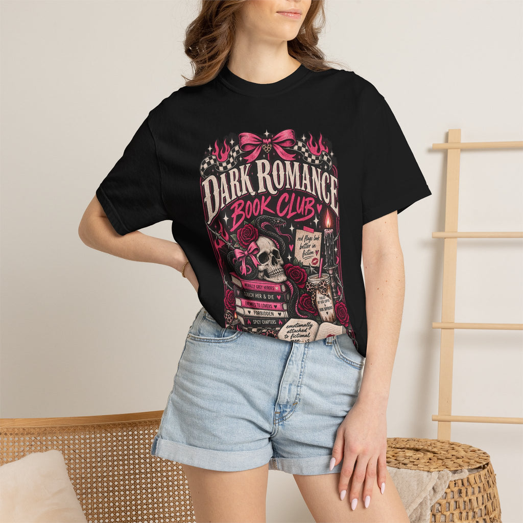 Dark Romance Book Club T-Shirt — Gothic Skull & Stacked Books Design