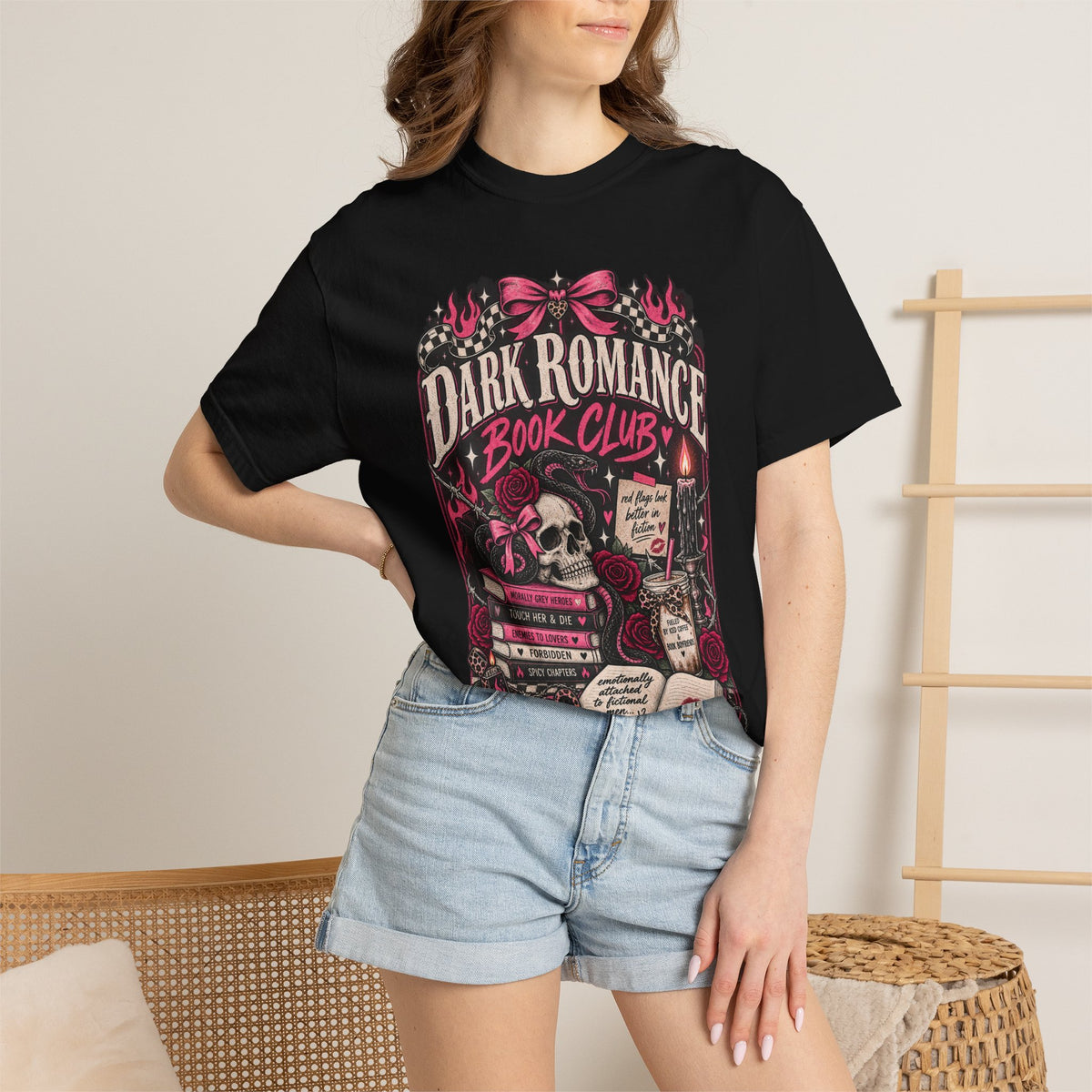 Dark Romance Book Club T-Shirt — Gothic Skull & Stacked Books Design