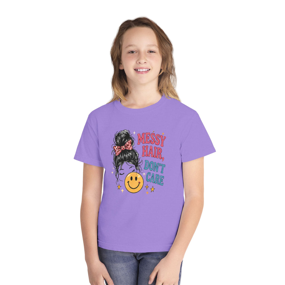 Youth Tee - "Messy Hair, Don’t Care" Smiley Graphic