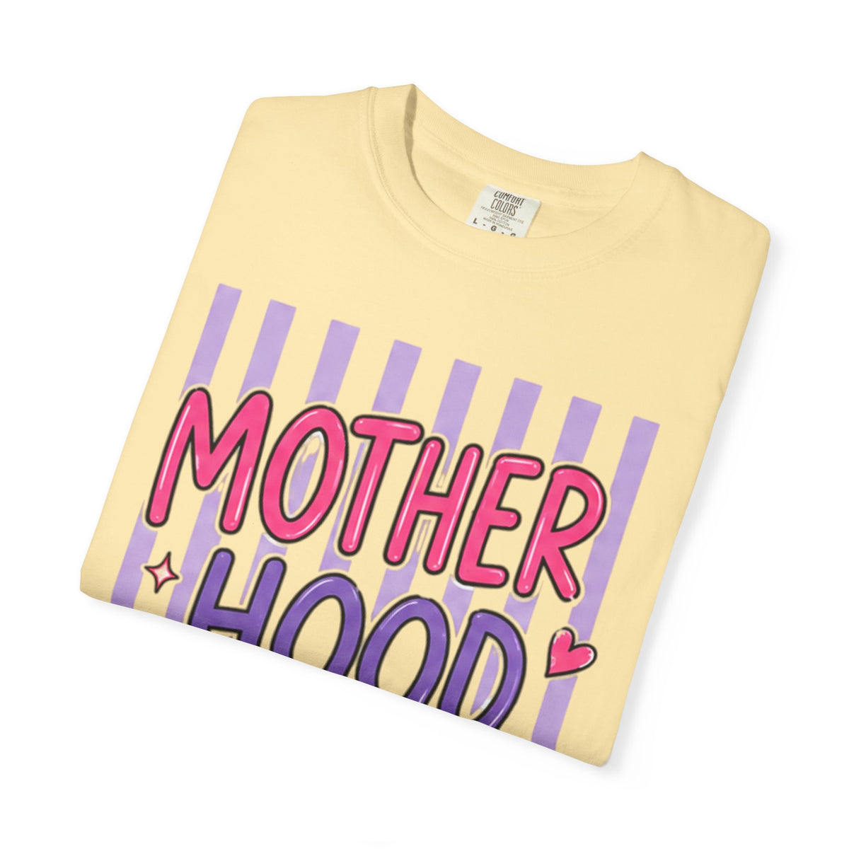 Motherhood Graphic T-Shirt — Cute Striped Mom Tee ("Mother Hood")