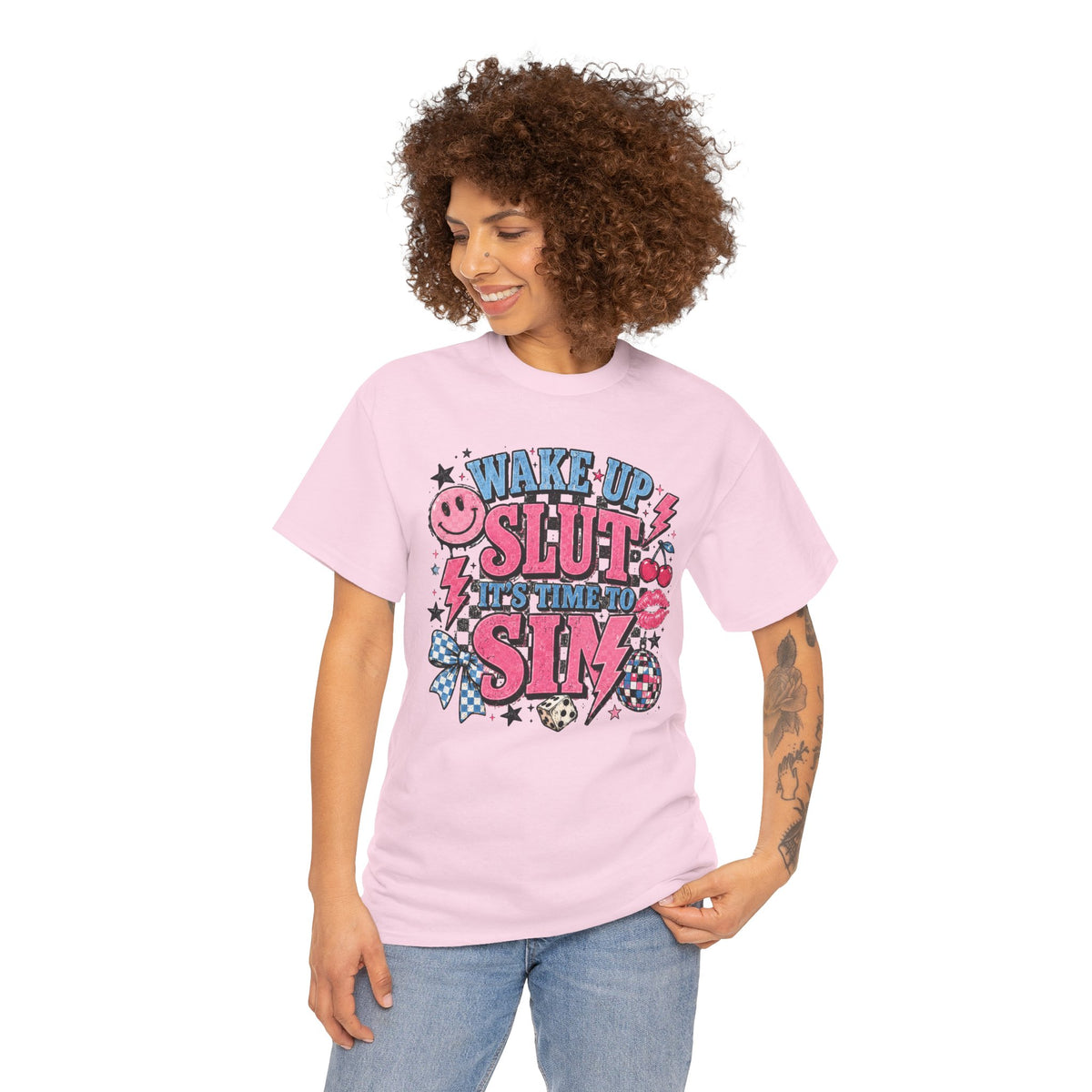 Graphic Tee — "Wake Up Slut, It's Time to Sin" Retro Pink Pop Design