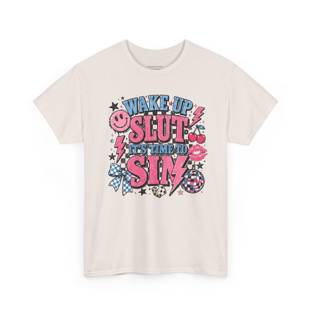 Graphic Tee — "Wake Up Slut, It's Time to Sin" Retro Pink Pop Design