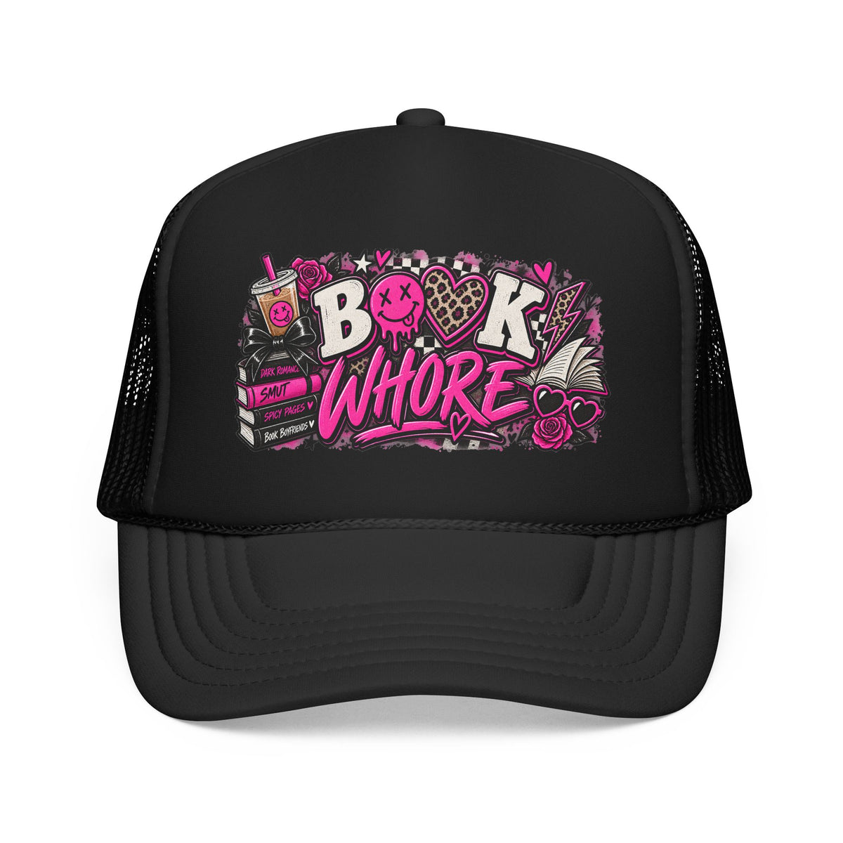 Book Whore Trucker Hat — Feminine Pink Book Lover Foam Mesh Cap