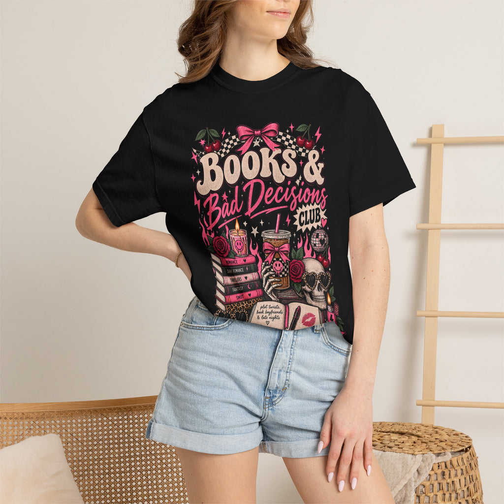 Books & Bad Decisions Club T-Shirt — Gothic Book Lover Shirt with Skull, Candles & Witchy Pink Design