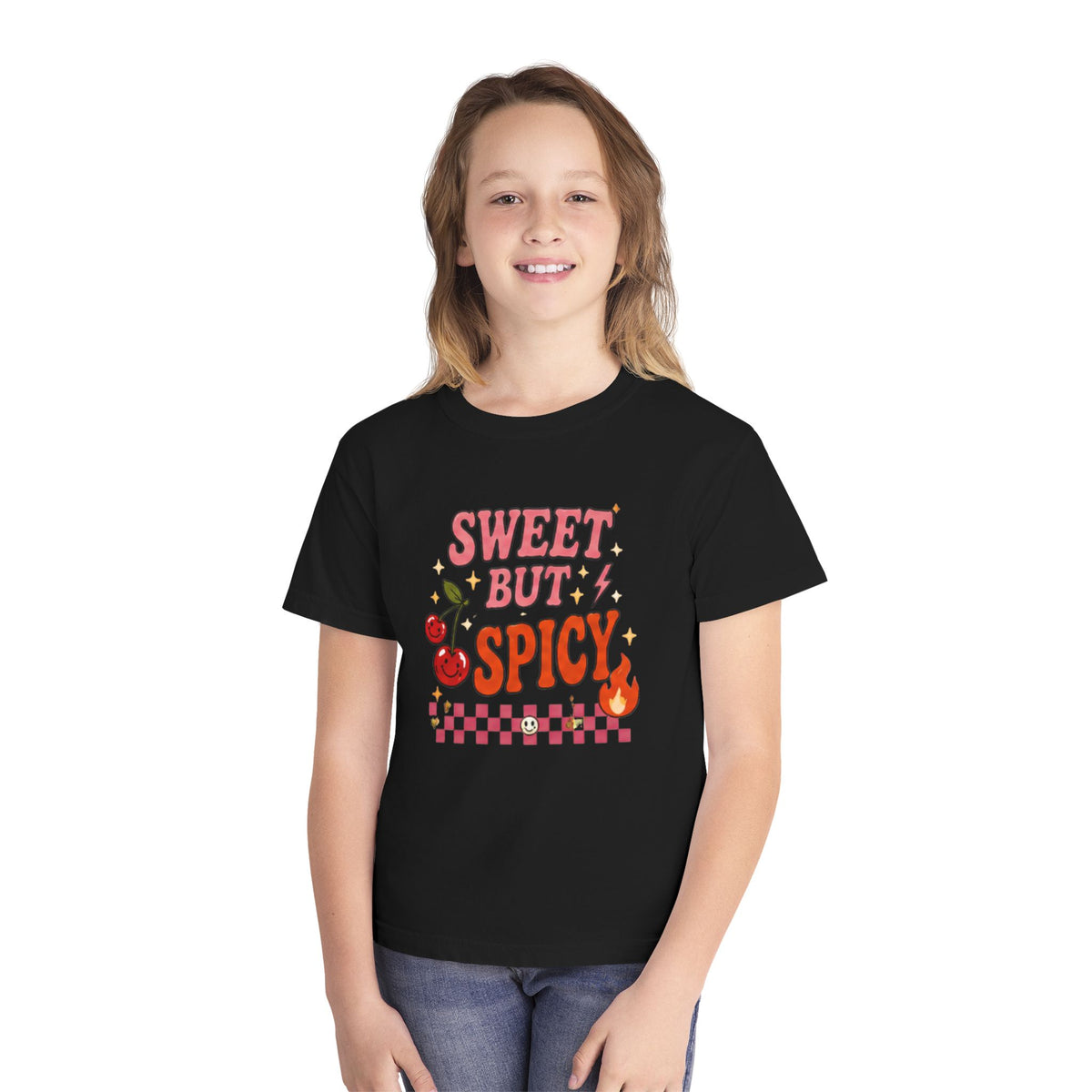 Sweet But Spicy Youth Tee — Cute Cherry & Flame Graphic Shirt for Kids