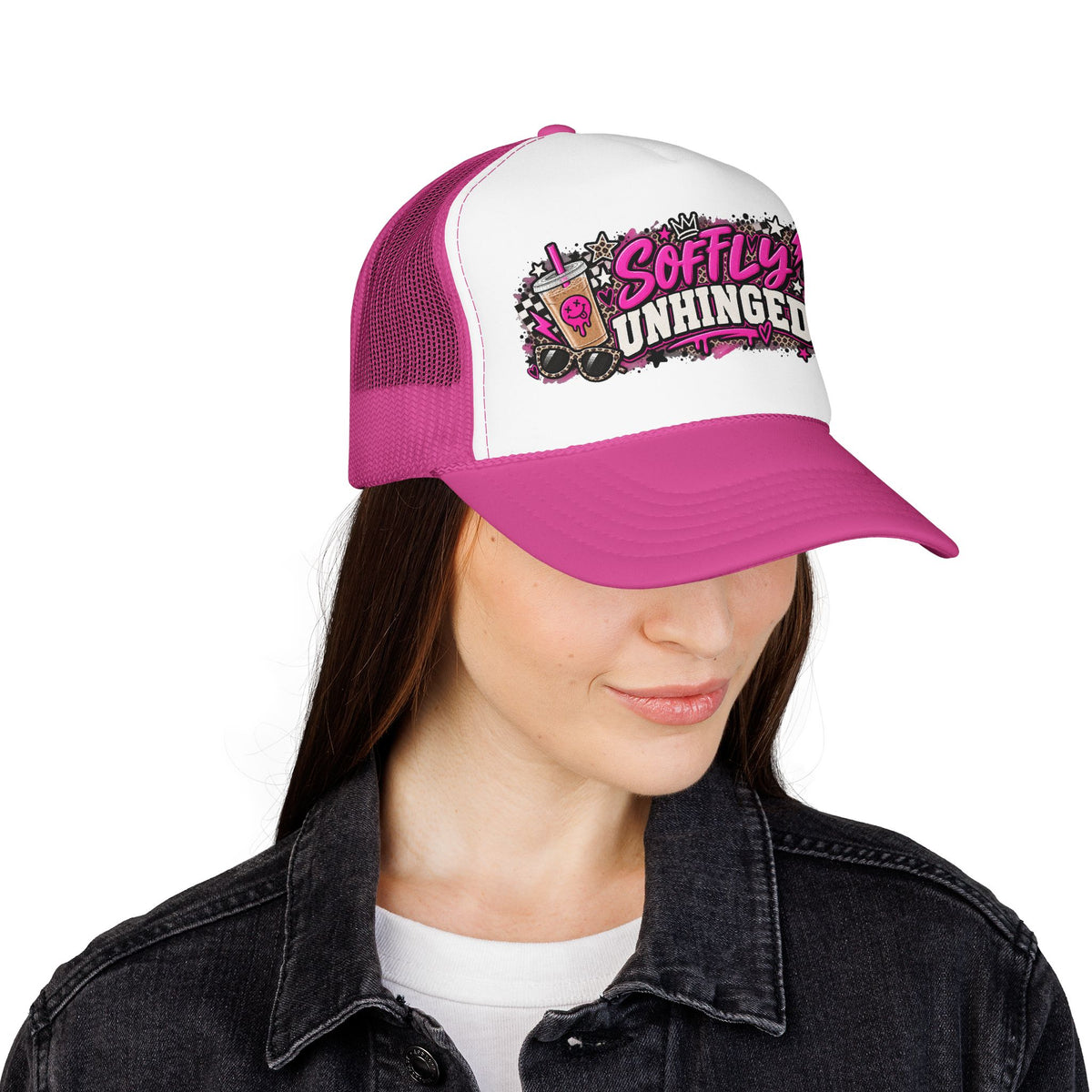 Softly Unhinged Trucker Hat – Edgy Pink Graphic Foam Cap