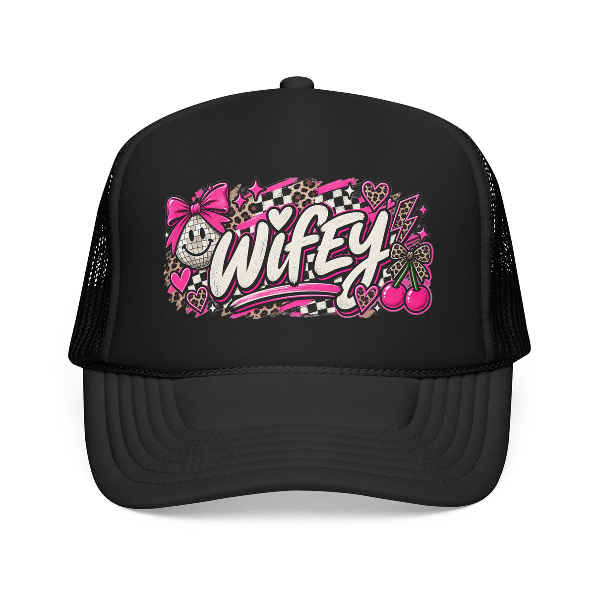 Wifey Foam Trucker Hat — Pink Retro Cherry Graphic Cap