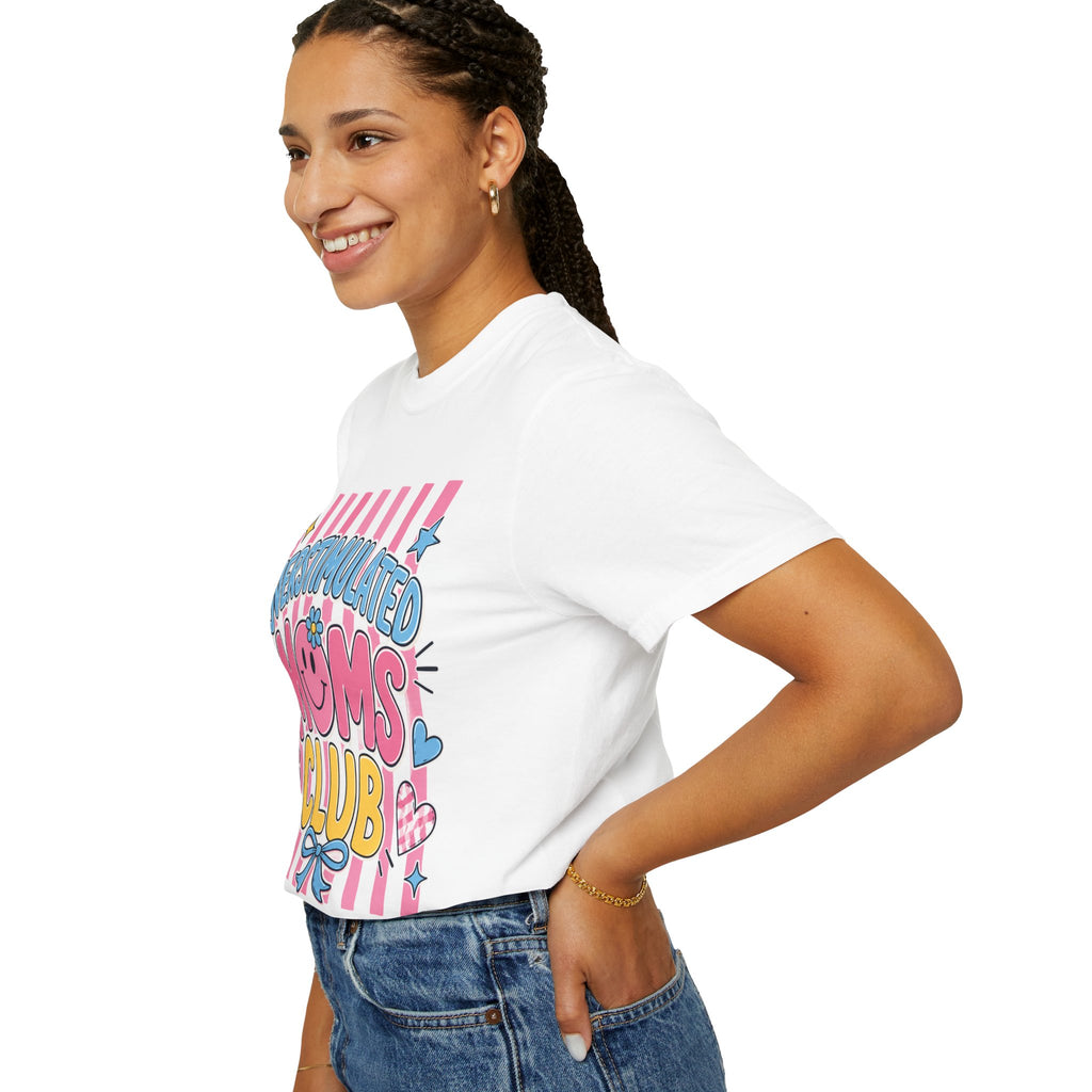Overstimulated Moms Club T-Shirt — Cute Retro Pink Graphic Tee for Tired Moms