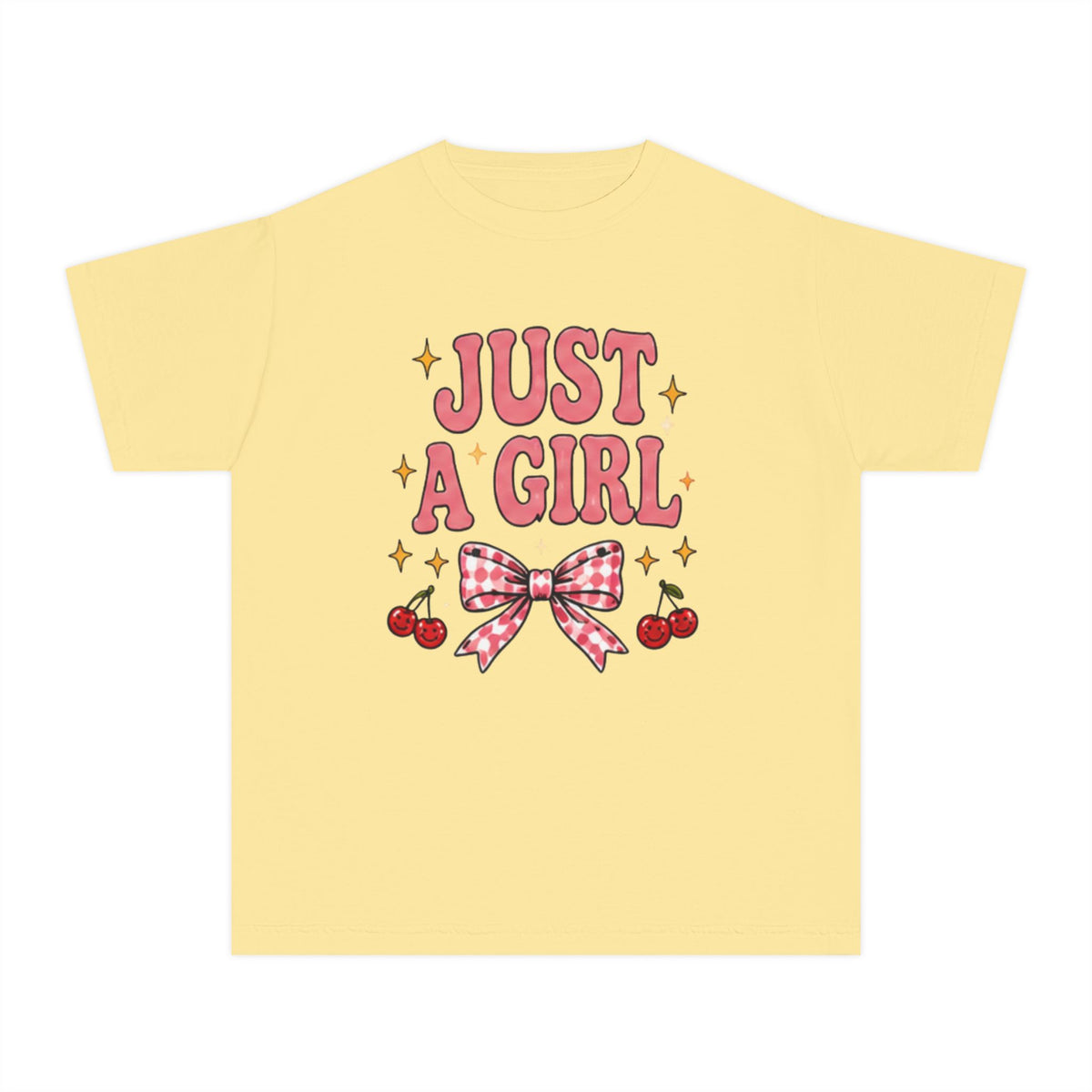 Youth Tee - "Just a Girl" Pink Bow & Cherries Graphic