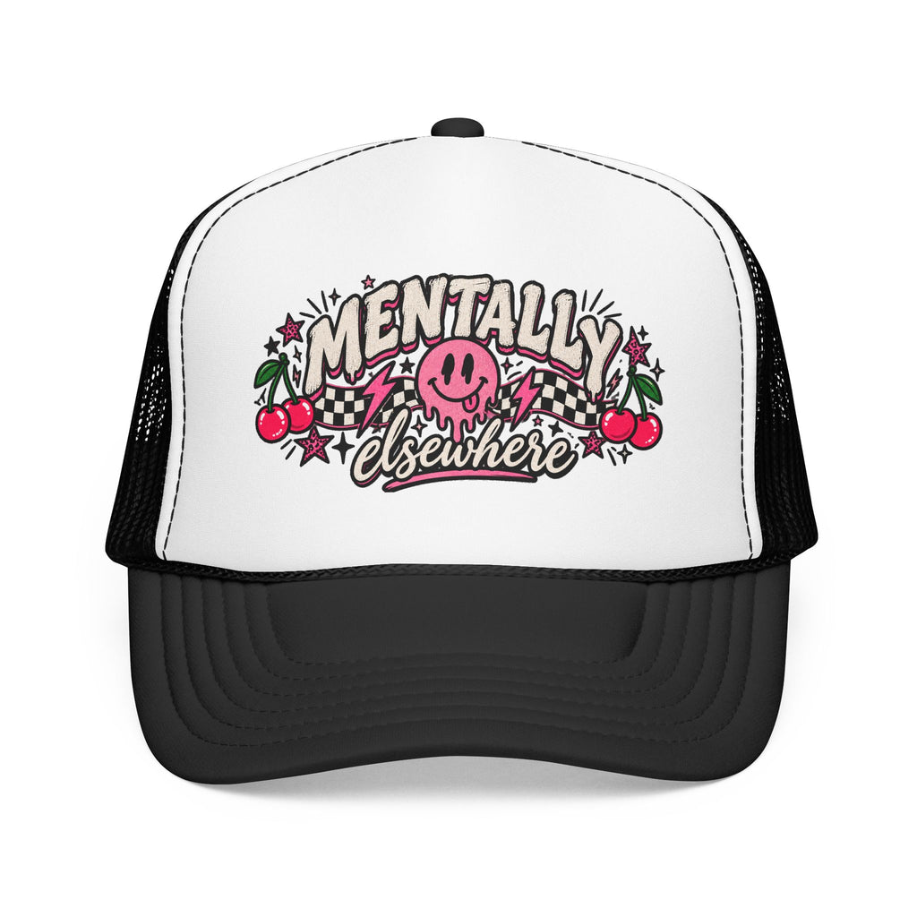 Mentally Elsewhere Trucker Hat – Retro Smiley Cherry Foam Cap