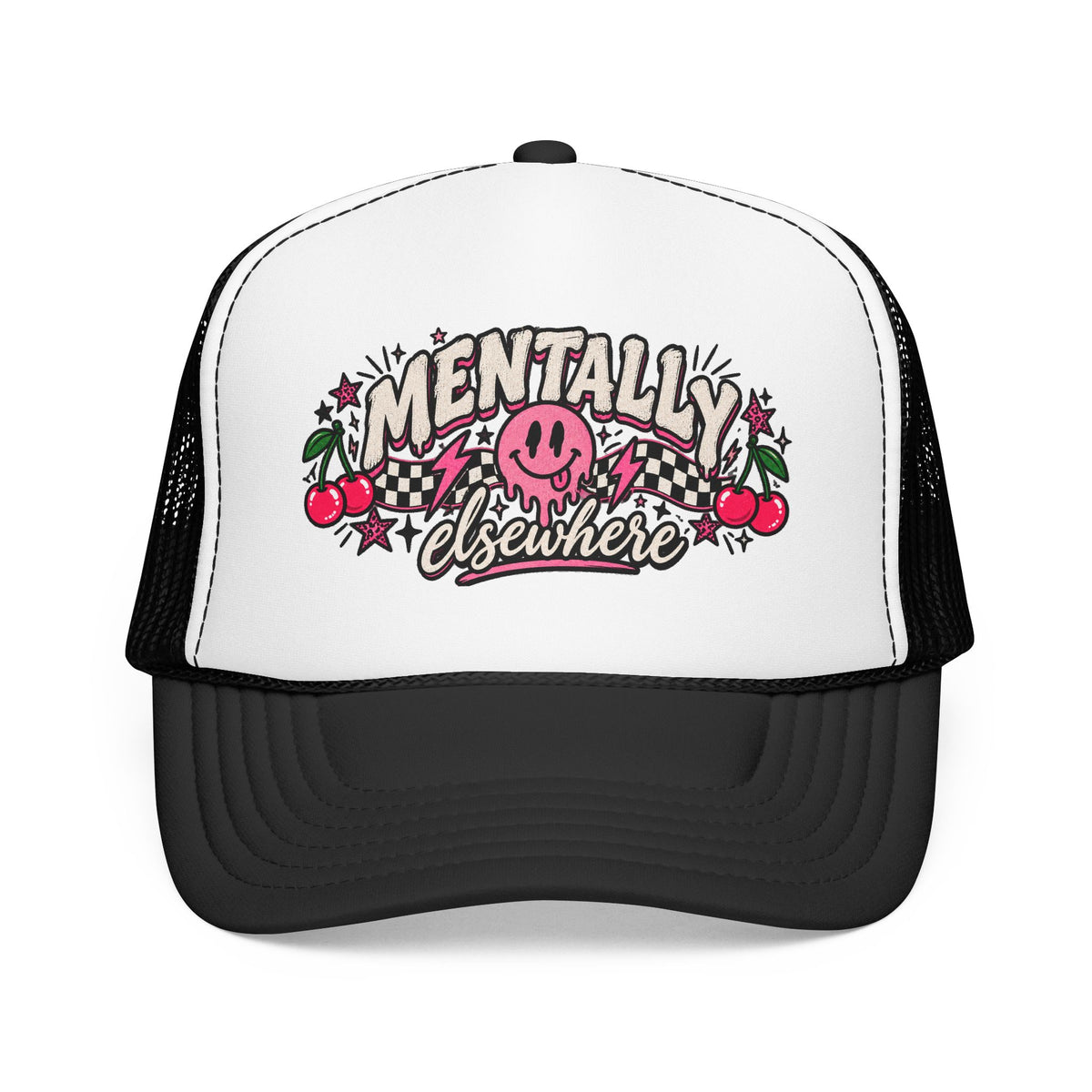 Mentally Elsewhere Trucker Hat – Retro Smiley Cherry Foam Cap