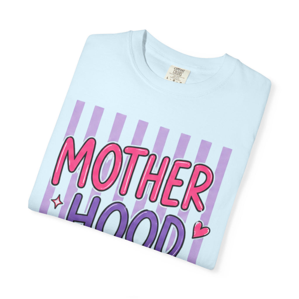 Motherhood Graphic T-Shirt — Cute Striped Mom Tee ("Mother Hood")