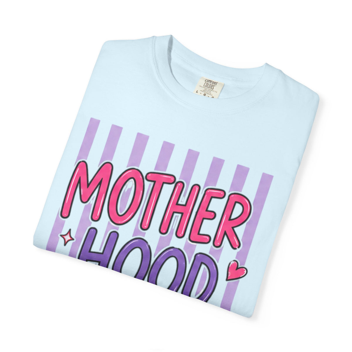 Motherhood Graphic T-Shirt — Cute Striped Mom Tee ("Mother Hood")