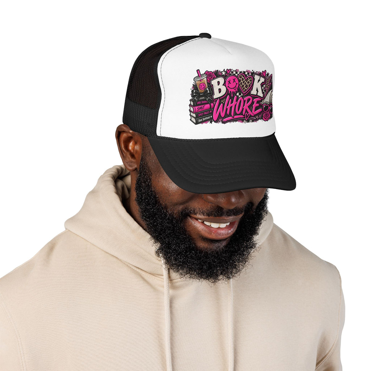 Book Whore Trucker Hat — Feminine Pink Book Lover Foam Mesh Cap