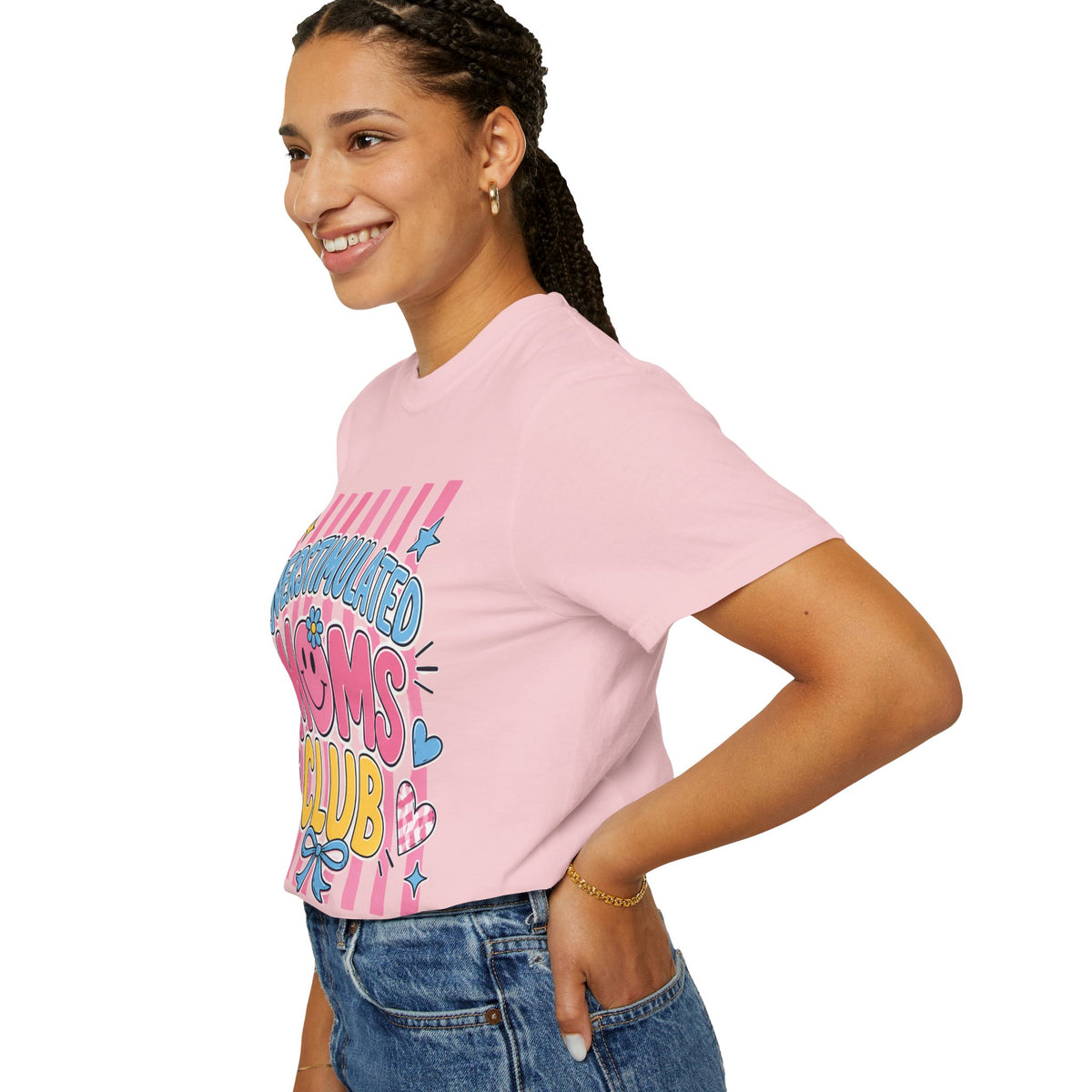 Overstimulated Moms Club T-Shirt — Cute Retro Pink Graphic Tee for Tired Moms