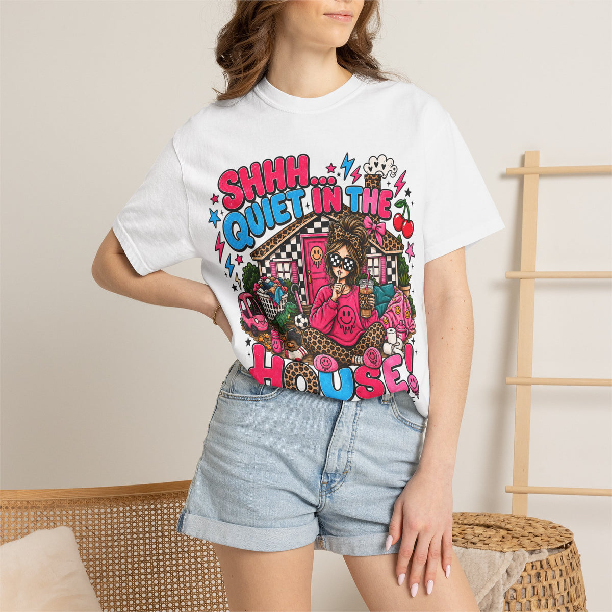 Shhh... Quiet in the House! Graphic T-Shirt — Retro Cute Cartoon Sleepy House Design