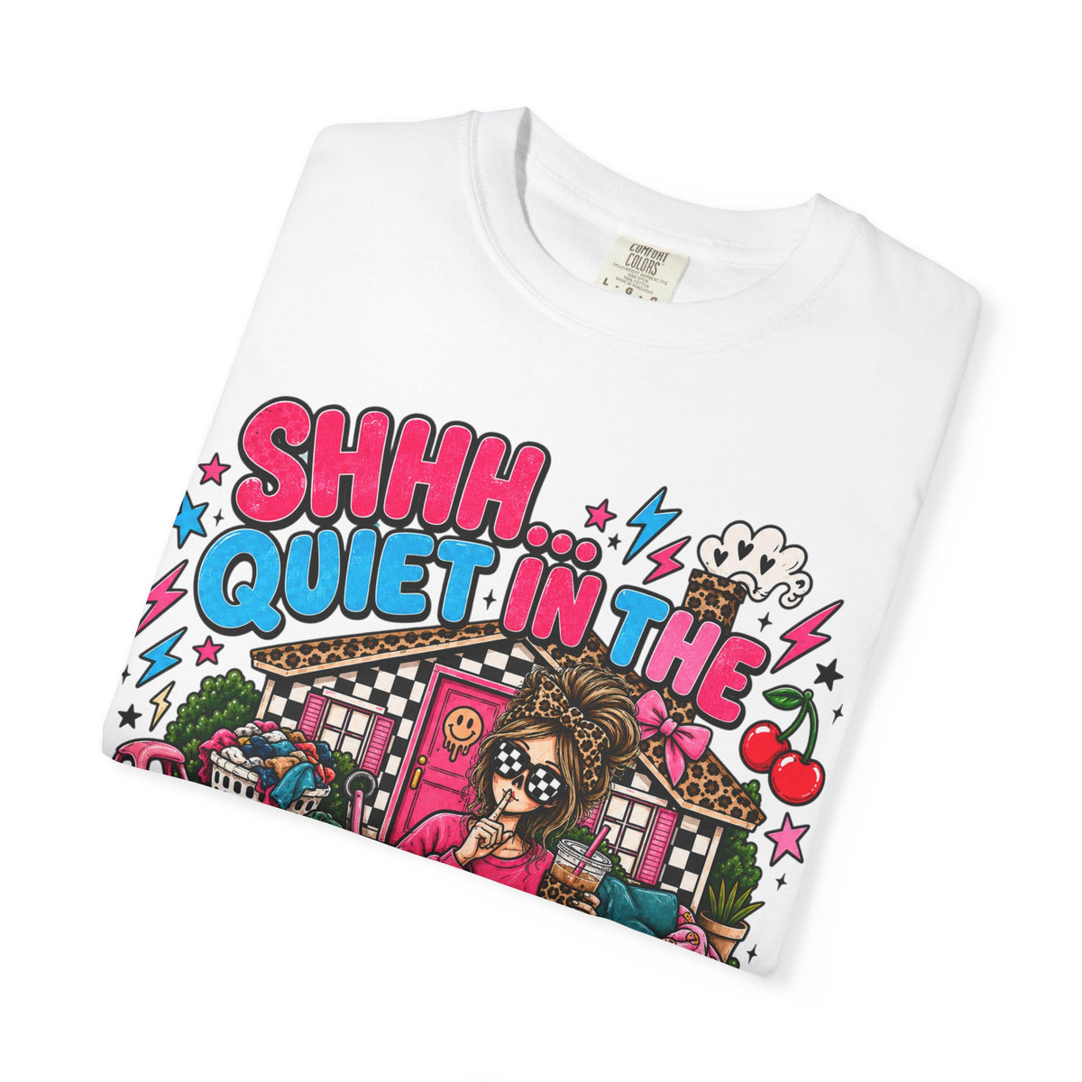 Shhh... Quiet in the House! Graphic T-Shirt — Retro Cute Cartoon Sleepy House Design