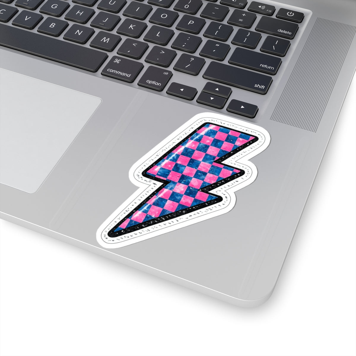 Pink & Blue Checkered Lightning Bolt Sticker — Retro Skate Aesthetic Kiss-Cut Sticker