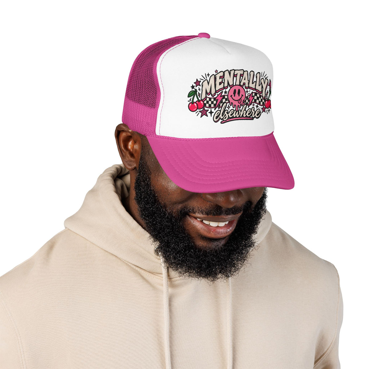 Mentally Elsewhere Trucker Hat – Retro Smiley Cherry Foam Cap