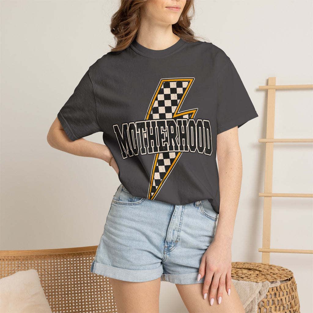 Motherhood Lightning Bolt T-Shirt — Retro Checkered Graphic Tee for Moms