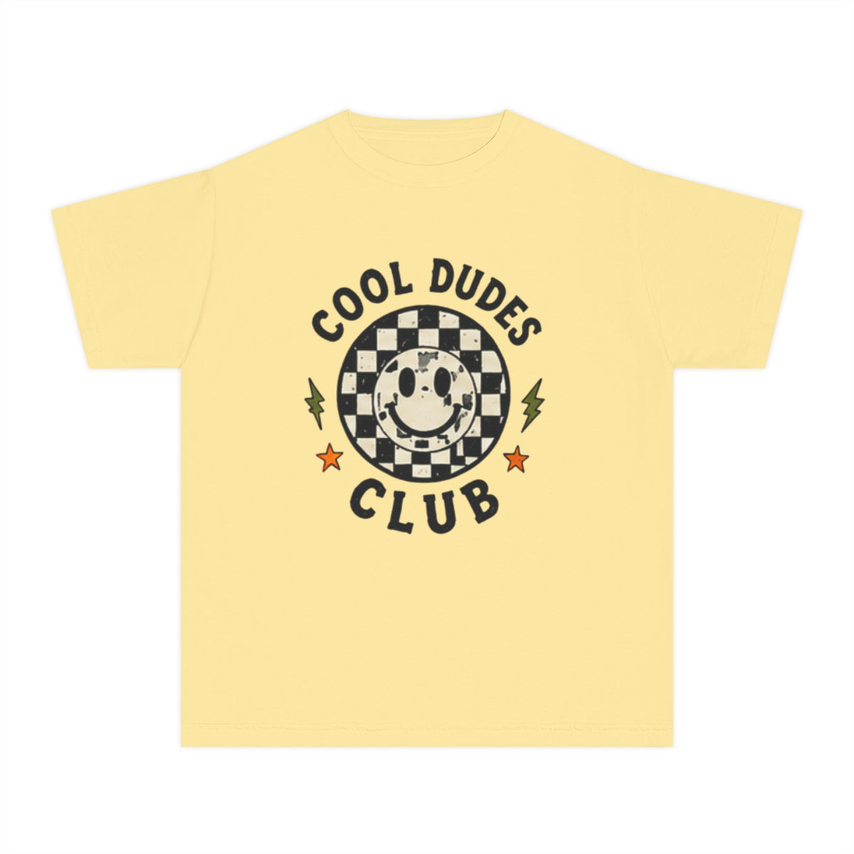 Cool Dudes Club Youth Tee — Retro Skateboard Smiley Checkered Graphic