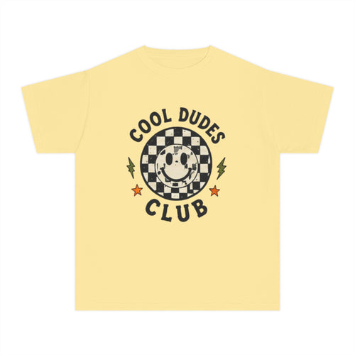 Cool Dudes Club Youth Tee — Retro Skateboard Smiley Checkered Graphic