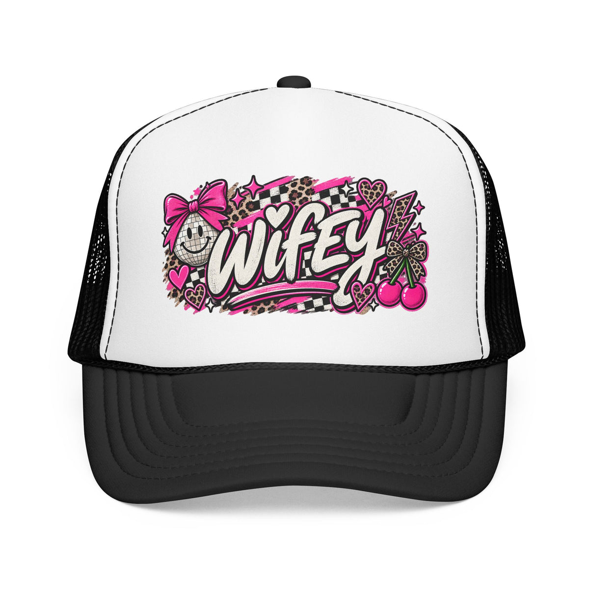 Wifey Foam Trucker Hat — Pink Retro Cherry Graphic Cap