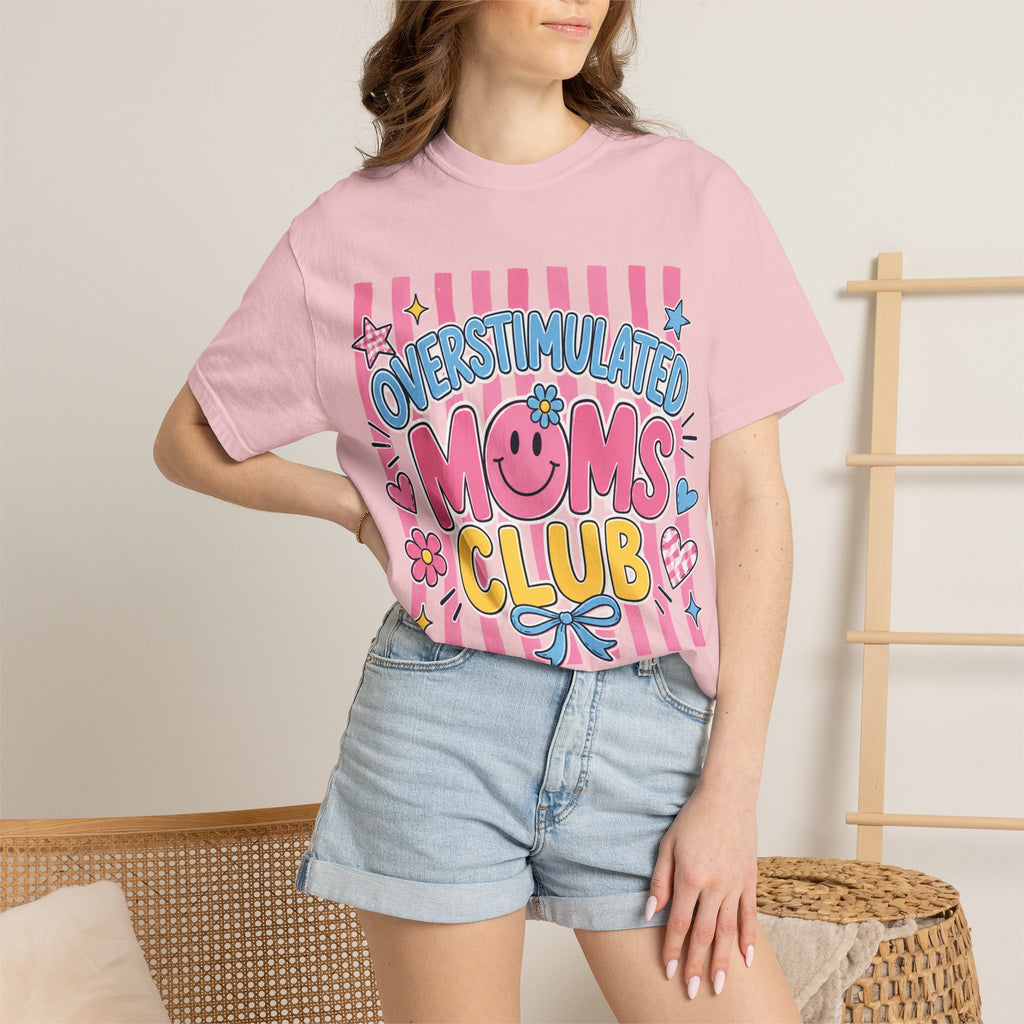 Overstimulated Moms Club T-Shirt — Cute Retro Pink Graphic Tee for Tired Moms