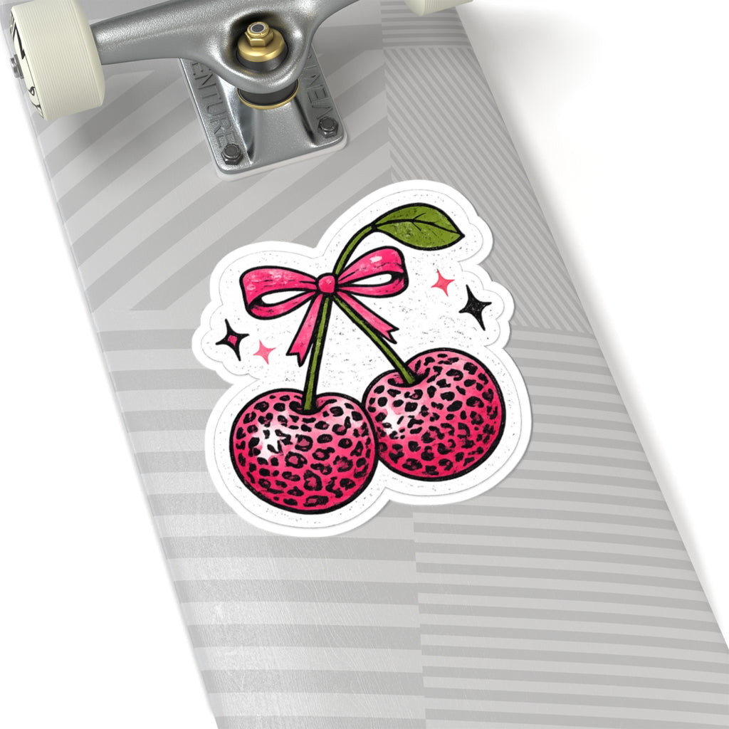Pink Leopard Cherry Sticker — Cute Retro Kawaii Laptop Decal
